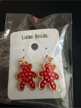 Red Teddy Bear Drop Earrings with Gold Trim
